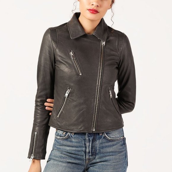 DOMA Gray Leather Classic Motto Jacket Size Small